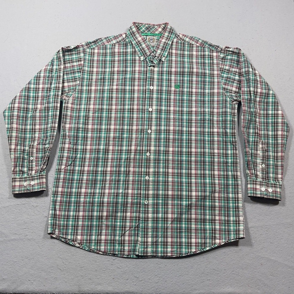 Cinch‎ Plaid Button Down Shirt Men Large Regular Fit Green Brown White Western